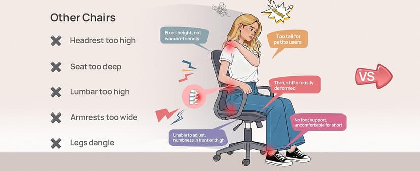 CabLady S2 Petite Office Chair for Women & Small Frames - 330lb Capacity, 4D Adjustable Lumbar/Headrest, Flip-Up Arms & Footrest, Ergonomic Desk Chair