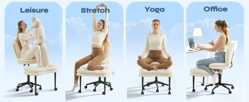 Pinmoco Ergonomic Cross Legged Office Chair for ADHD, Kneeling Chair with 360° Swivel Wheels and Reversible Seating for Meditation, Adjustable Height and Seat Deapth, Teddy Fabric, White