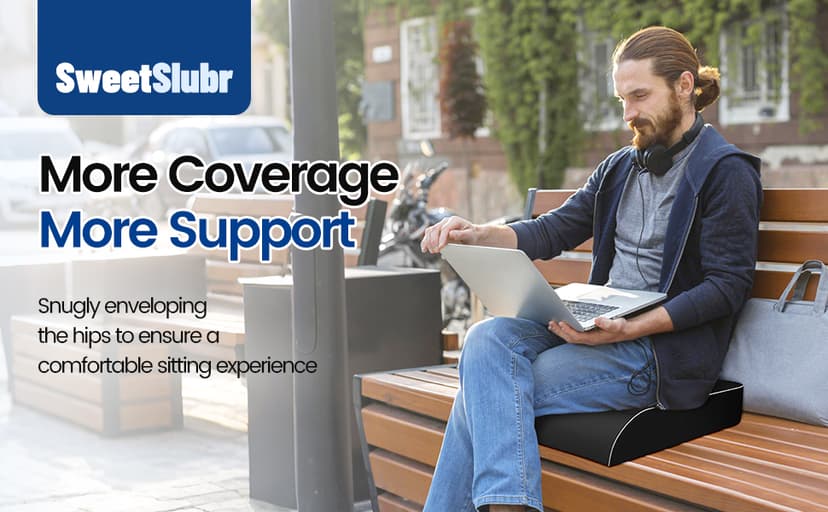 SweetSlubr Seat Cushion for Tailbone Pain Relief, Office Chair Cushion, Memory Foam Large Cushion with Non-Slip Cover for Soft Support at Office Chair, Car Seat, Airplane, Floor Pillow, Black/Large