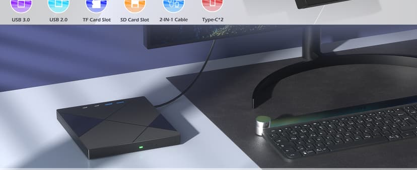 Wbacon 7 in 1 External CD/DVD Drive for Laptop, Portable DVD Player for Laptop with SD/TF Port, External DVD Drive with USB 3.0/Type C, CD Drive USB for PC Windows Linux