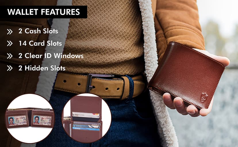 Cochoa Mens Wallet Real Leather Bifold RFID Blocking High Capacity Card Case with 2 ID Window in Gift Box (Crazy Horse, Moss)