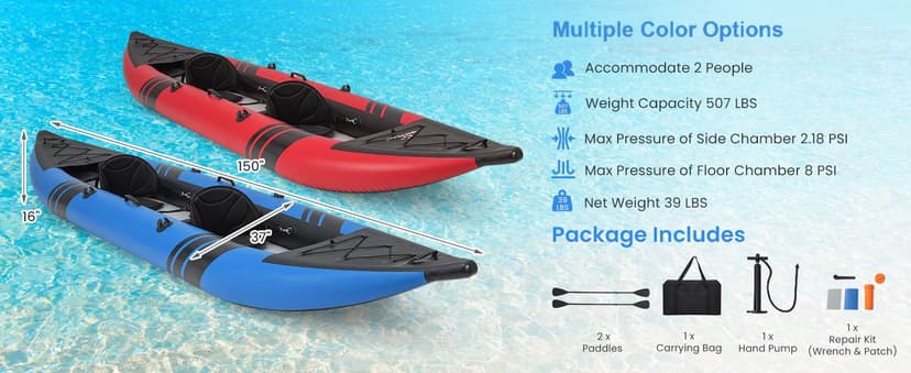 GYMAX Inflatable Kayak, 12.5Ft 507lbs Tandem Kayak with 2 Aluminum Paddles, 2 Padded Seats, Footrests, 2 Fins, Hand Pump, Carry Bag & Repair Kit, 2 Person Fishing Touring Kayak for Adults