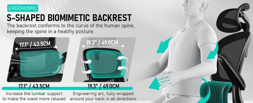 BESTFAIR High Back Ergonomic Office Chair, Breathable Mesh Desk Chair with Lumbar Support, Adjustable Headrest, Flip-up Armrests, Computer Gaming Chair, (Black)