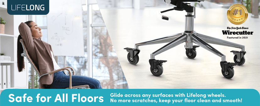 Lifelong Office Chair Wheels Replacement Rubber Desk Chair Casters for Hardwood Floors and Carpet, Set of 5, Quiet & Smooth Rolling Casters with Brakes for Chairs to Replace Office Chair Mats