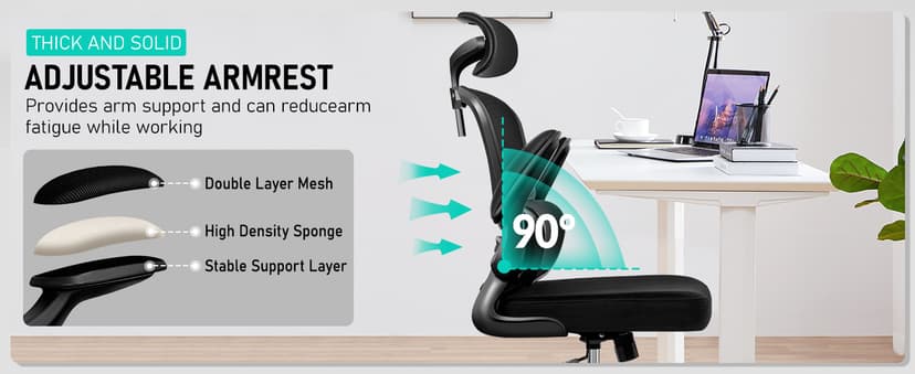 BESTFAIR High Back Ergonomic Office Chair, Breathable Mesh Desk Chair with Lumbar Support, Adjustable Headrest, Flip-up Armrests, Computer Gaming Chair, (Black)