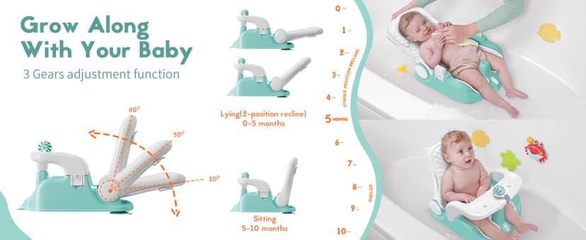 BabyBond Baby Bath Seat with Sitting & Lying 2 Modes, 3-Speed Adjustment, Powerful Suction Cups, Infant Bathtub Chair with Soft and Comfortable Towel, Folding and Hanging