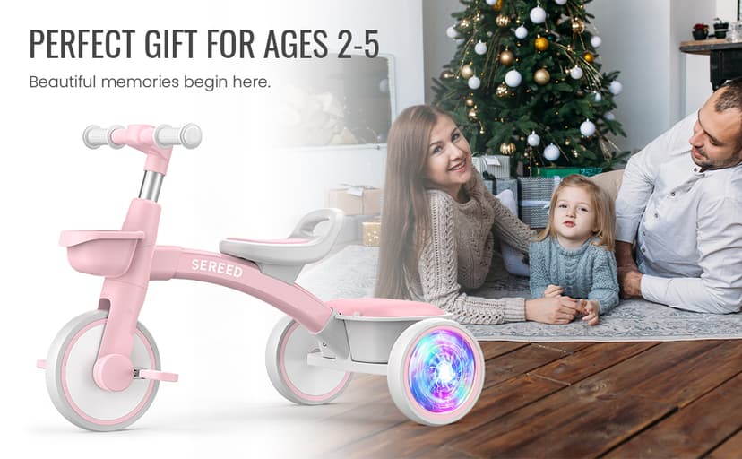 SEREED Colorful Lighting Toddler Tricycle for 2-5 Years Old Girls, Adjustable Seat&Handlebar Trike, Removable Basket, Birthday Gift Idea for Kids Ages 2+ (Pink)