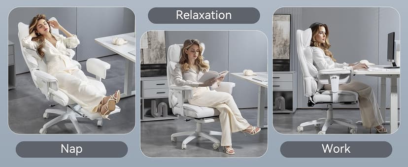 Dowinx Big and Tall Office Chair with Pocket Spring Cushion,High Back Computer Gaming Chairs with Adjustable Armrests and Lumbar Support,Executive Desk Chairs with Footrest(PU,White)