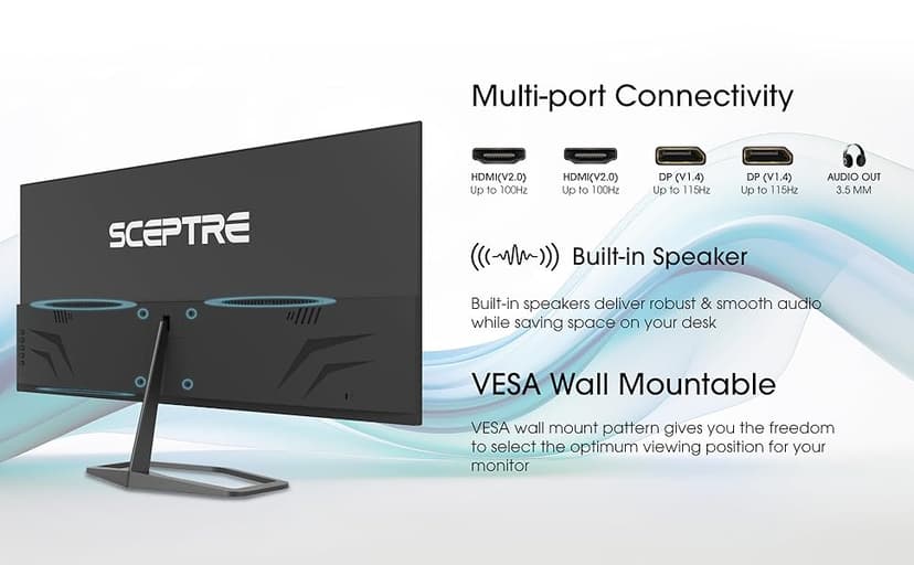 New! Sceptre 34-inch Prime Monitor 3440 x 1440 up to 115Hz 103% sRGB DisplayPort HDMI Build-in Speakers, Machine Black 2026 (E345W Series)