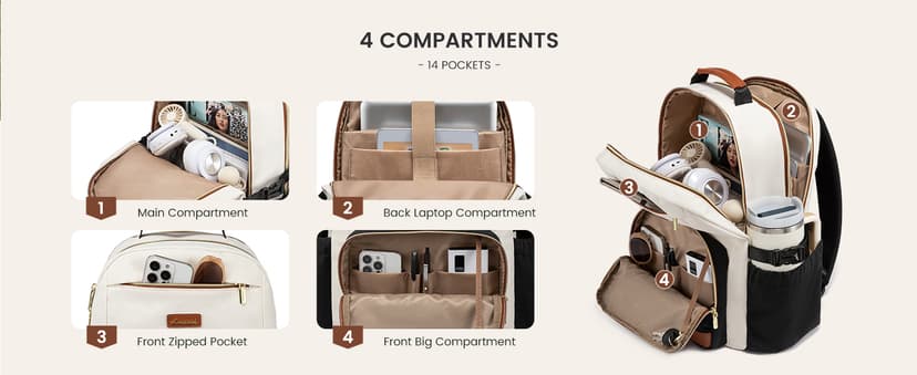 LOVEVOOK Laptop Backpack for Women with Pouch Pocket for Large Capacity Cup,15.6 Inch Laptop Computer Bag Travel Backpack Purse,Waterproof Work Business Backpack College Teacher Bags,Beige-Black-Brown