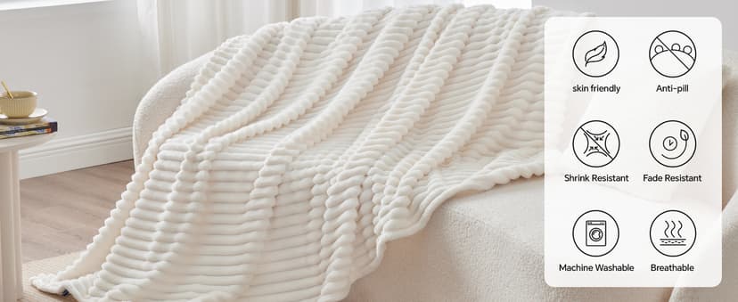 Ultra-Soft Plush Fleece, Cozy, Warm Yet Lightweight, Ribbed Texture, Home Decor, Machine Washable, Giftable, All-Season Use BEDELITE Ribbed Fleece Throw Blanket for Couch, Cream, 50"x60" B0CSFJR66V