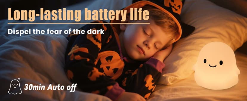 Ghost Night Light for Kids, Squishy Silicone Lamp - 50H Low/12H High, 2 Brightness, Tap-Control, USB Rechargeable, for Kids Halloween Decor & Nursery, Great Ghost Gifts