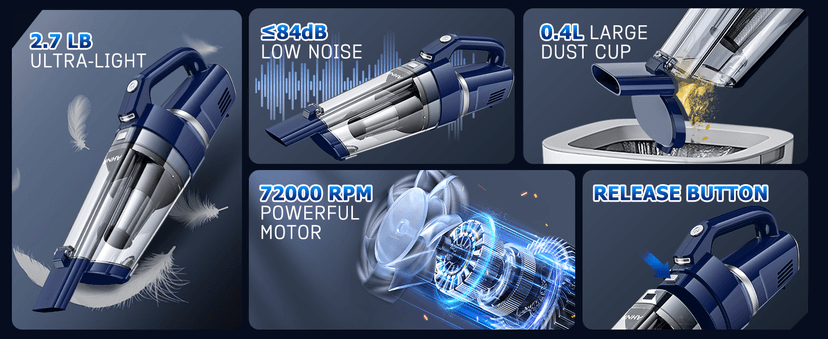 AHNR Handheld Vacuum Cordless, 16000PA Powerful Suction Hand Held Vacuum Dust Busters Cordless Rechargeable with LED Light & 2 HEPA Filters, Portable Car Vacuum Cleaner High Power for Car Home Office