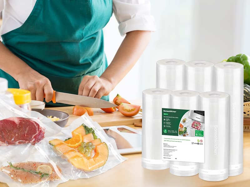 Bonsenkitchen Vacuum Sealer Rolls Bags, 6 Pack 3 Rolls 11" x 20' + 3 Rolls 8" x 20' Commercial Grade BPA Free Bag Rolls, Durable Customized Size Food Vac Bags for Storage and Sous Vide Cooking VB3211