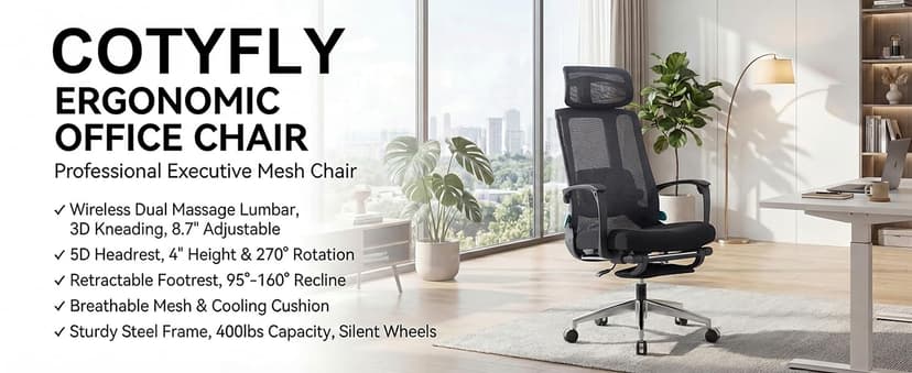 Ergonomic Office Chair with Footrest & Adjustable Lumbar Massager, High Back,Big and Tall,Desk Chair with 5D Headrest, Reclining Swivel Rolling Mesh Chair for Home Office, 400LBS (Black)