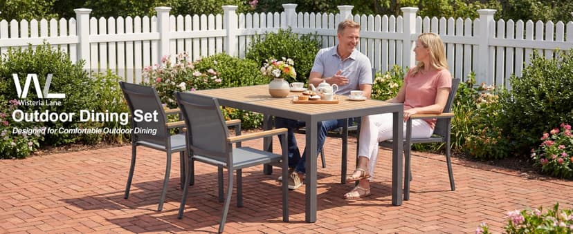 5-Pieces Aluminum Patio Table and Chairs for All-Weather, Patio Table Set with Heavy Duty HDPS Rectangular Table, Outdoor Patio Dining Furniture Set with Breathable Quick-Drying Textilene Chairs