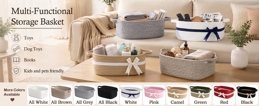 13" x 10" x 5" Storage Baskets for Toys & Baby Essentials, Fits Nursery & Bedroom Organization, Built-In Handles, Bow Design CHICVITA Small Woven Rope Gift Basket, Decorative Burr Basket, Red B0D7MKY1YJ