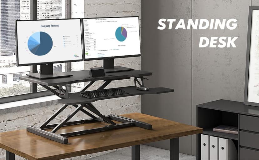 FITUEYES Height Adjustable Standing Desk 36” Wide Sit to Stand Converter Stand Up Desk Tabletop Workstation for Laptops Dual Monitor Riser Black SD309101WB