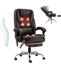 HOMREST 6-Point Massage Office Chair with Heat, Ergonomic Reclining Desk Chair with Footrest, PU Leather Executive Chairs for Home Office, Massaging Computer Chair Gift for Men, Brown