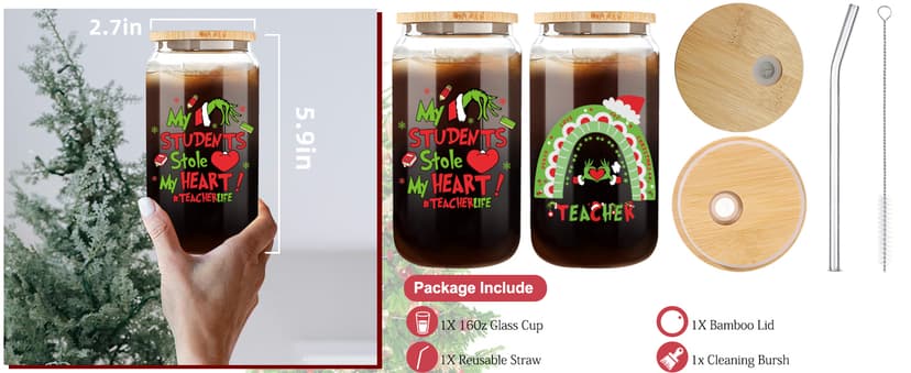 Teacher Christmas Gifts,16oz Funny Christmas Grin-ch Cups for Teachers,Teacher Appreciation Gifts,Thank You Gift End of The Year Teachers Gift for Women from Student