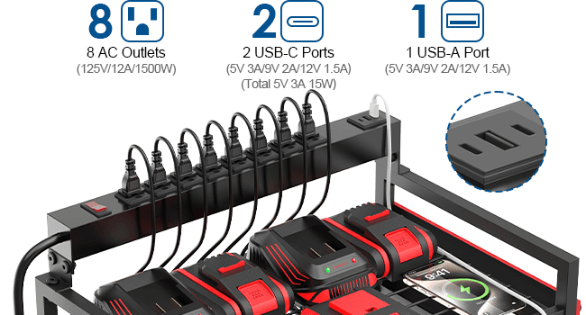 Floor Rolling, Large Tools Storage Cart on Wheels, Heavy Duty Drill Battery Station, Utility Rack Shelf for Garage Workshop JUNNUJ Power Tool Charging Organizer Cart, 8 Outlet 3 USB, 6 FT Cord, Red B0F378R323