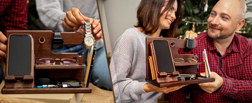 TESLYAR Wood Phone Docking Station for Men - Desk or Nightstand Organizer - Birthday Gifts for Husband, Dad - Anniversary Idea from Wife - Key Holder, Stand Wallet, Watch & Essentials (Bourbon Brown)