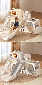 XJD 6-in-1 Toddler Slide and Swing Set, Kids Slide for Toddlers Age 1+, Toddler Outdoor Playset with Basketball Hoop, Football Frame, Swing, Outdoor Indoor Playground for Toddlers 1-3 (Pink)