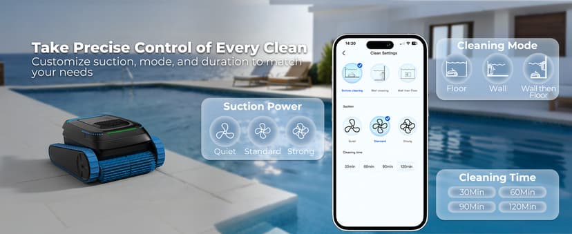 Cordless Robotic Pool Cleaner, 5,000 GPH with 150μm Filter, Floor/Wall/Waterline Cleaning, Smart Zigzag Navigation, 5,200mAh Battery, App-Controlled Presets for Inground & Above Ground Pools
