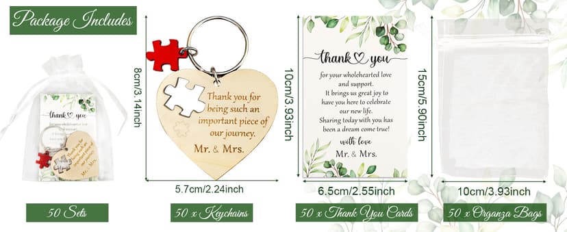 AerWo 50 Sets Wedding Favors for Guests, Wedding Party Favors with Rustic Wood Heart Puzzle Keychains Thank You Cards and Organza Bags, Wedding Gifts for Guests Wedding Bridal Shower Thank You Gifts