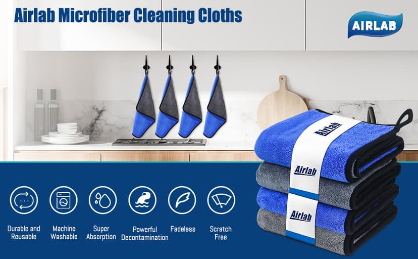 Airlab Microfiber Towels for Cars Wash Drying Thick Plush Cleaning Cloth Auto Detailing Super Absorbent for Interior & Exterior Lint Free, Streak Free, 16" X 16", 800 GSM, Pack of 4