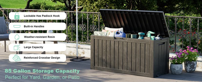 EasyUp 85 Gallon Outdoor Storage Box, Resin Waterproof UV-Resistant Deck Box, Reinforced Stability for Patio, Garden, and Poolside, Striped Black