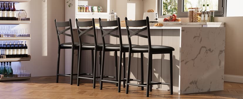 22" Bar Stools Set of 4, Counter Height Bar Stools with PU Upholstered Seat, Metal Frame Kitchen Bar Chairs with X-Design Back and Footrest for Kitchen Island, Counter Bar, Dining Room, Black