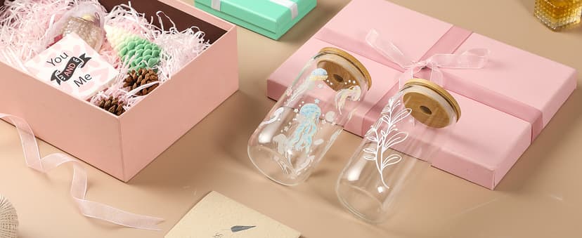 Drinking Glasses with Bamboo Lids and Glass Straw 4pcs Set - 16oz Glass Cups, Iced Coffee Glasses, Cute iced Tea Glasses, Beer Glasses, Ideal for Coffee Bar Accessories, Aesthetic Gift - 2 Brushes