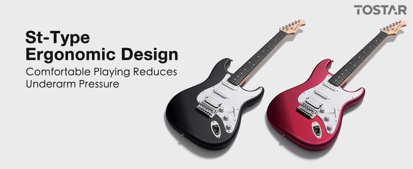 Tostar Beginner Electric Guitar, Solid Body, 39" Full Size Strat Style with HSS Pickups, 5-Way Switch, Tremolo Bridge, Maple Neck & Tectona Fretboard, Ideal for Beginners and Gifting, Black