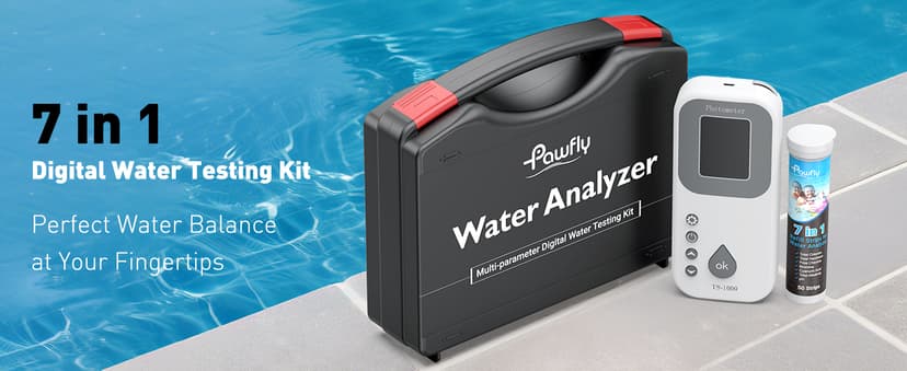Pawfly 7 in 1 Digital Water Testing Kit, 50 Strips Hot Tub Test Kit, Digital Pool Water Tester for pH, Total Hardness, Total Chlorine, Free Chlorine, Total Alkalinity, Cyanuric Acid & Bromine