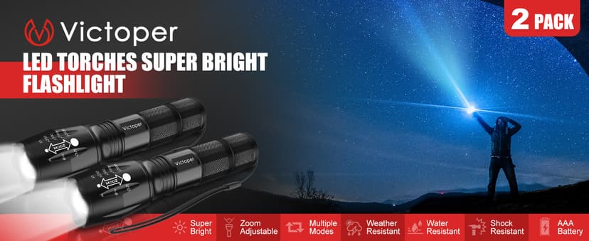 Victoper LED Flashlight 2 Pack, Bright Tactical Torch High Lumens with 5 Modes, Waterproof Zoomable Flash Light for Outdoor, Gifts for Men, Dorm Room Hunting Camping Essentials Gear for Guys