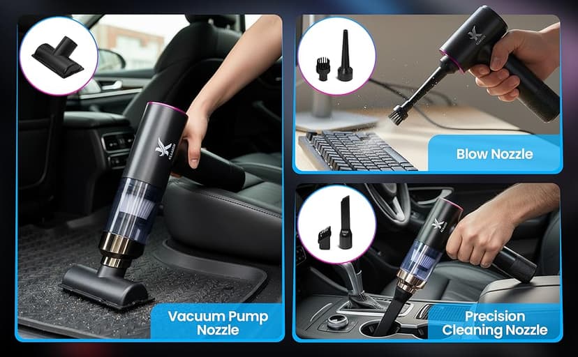 Handheld Car Vacuum Cleaner, Dual Suction 7.5K & 12k Pa, Portable Mini | Blower, Inflator, Deflator and Dustbuster for Car, Home, Kitchen & Office | Black Color