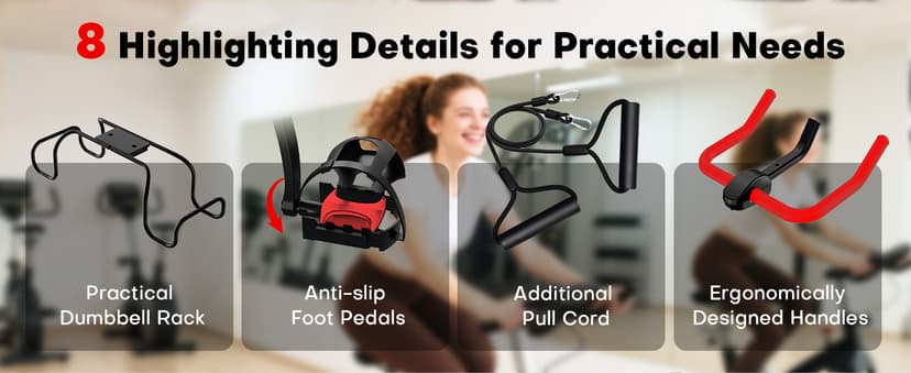 CHAOKE Exercise Bike, Quiet Adjustable Magnetic Stationary Bike for Home Cardio with App Compatible, 350LB Weight Capacity Indoor Cycling Bike with Large Seat, Dumbbell Rack, Pull Cords & LCD Display