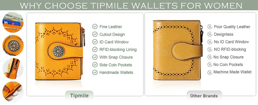 Tipmile Small Wallet for Women Bifold RFID Blocking Card Holder Leather Wallets with Zipper Coin Pocket
