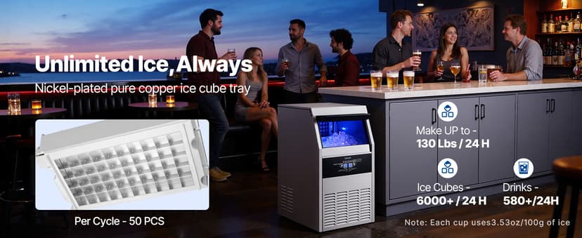 VEVOR Commercial Ice Maker Machine, 130 lbs/24h with 30 lbs Storage Capacity, Built-in/Freestanding/Under Counter, Stainless Steel Ice Maker with LED Display & Self-Cleaning, for Home Bar Restaurant