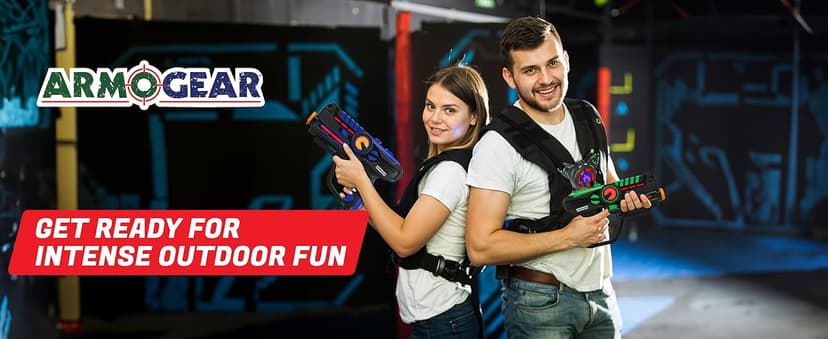 ArmoGear Set of 4 Laser Tag Guns with Vests - Laser Tag Set for Kids and Adults - Toy Guns with 150 ft Range, Night Vision, Invisibility Mode - Battery Operated - Multiplayer Outdoor Game for Ages 8+