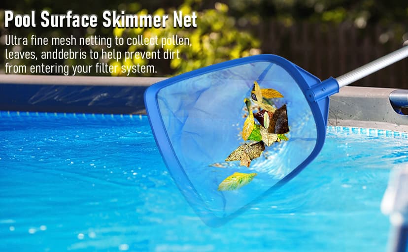 Poolvio Swimming Pool Leaf Skimmer Net, with 5 Sections Telescopic Aluminum Pole & Nylon Medium Fine Mesh Pool Net, Pool Cleaning Tool for Removing Leaves & Debris