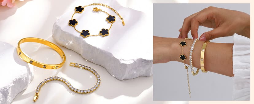 MPRAINBOW Womens Stackable Floral Gold Bracelets - 3Pcs 18K Gold Plated Bracelet,Stainless Steel Bangle Bracelets Non Tarnish, Gold Bracelet Set Trendy Jewelry,Christmas Valentines Birthday Gifts for Girlfriend