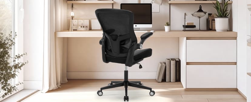 Ergonomic PU Leather Office Chair, 400lbs Weight Capacity, Breathable Mesh Back, Adjustable Height & Flip-Up Arms, Heavy Duty Computer Desk Chair for Home & Office, Black