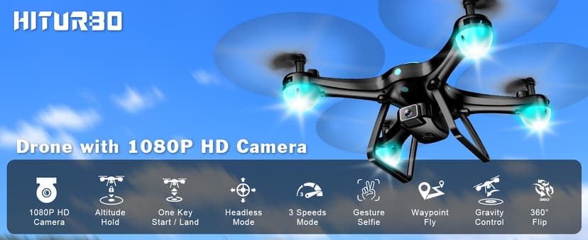Drone with 1080P Camera, Remote Control Quadcopter with Gesture Selfie, Altitude Hold, One Key Start, 3D Flips, 2 Batteries, Black