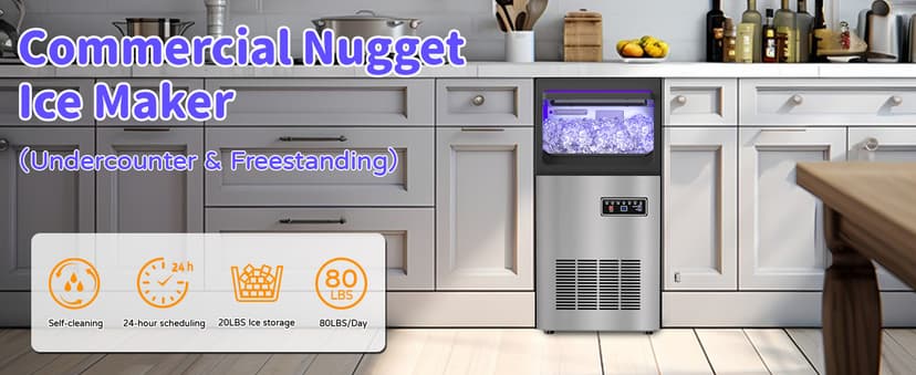 Commercial Nugget Ice Maker 80Lbs/24H with 15Lbs Storage, Stainless Steel Pellet Ice Machine, Ready in 10-15 Mins, Self-Cleaning for Home Office Bars Restaurants