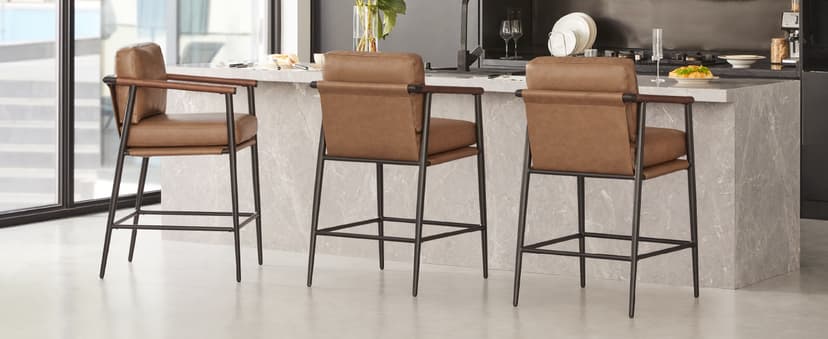 Watson & Whitely Mid Century Modern Barstools Set of 2, 26" H Upholstered Counter Height Bar Stools with Wood Armrests and Metal Legs, Fabric in Beige