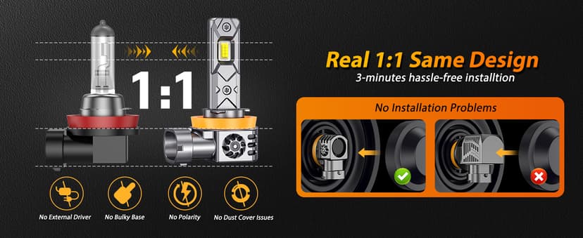 Termitor H11 9005 Light Bulbs Combo, 180000LM 1600% High and Low Beam Bulbs, 6500K White, 1:1 Mini Size H8/H9 HB3 Fog Light, 10 Years Lifespan, Plug and Play, Pack of 4.