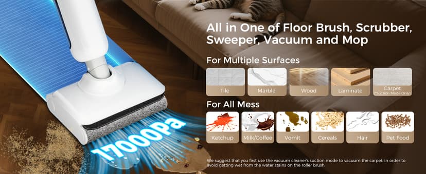 Wet Dry Vacuum Cleaner, 180° Lay-Flat Cordless Vacuum Mop Combo with Edge Cleaning, All-in-One Floor Cleaner for Hard Floors, Self-Cleaning, 45mins Runtime, LED Display, Voice Prompts