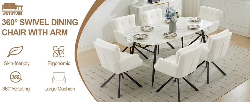 WUTUTUEE Fabric Dining Chair Modern Upholstered Swivel Dining Room Chairs Comfy Accent Armchair with Mid Back, Desk Arm Chair No Wheels for Kitchen/Living Room/Home Office, White